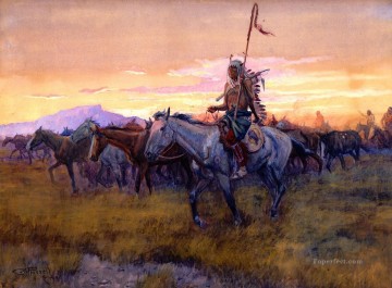 Amérindien œuvres - chevaux volés no 3 détail 1911 Charles Marion Russell Indiens d’Amérique